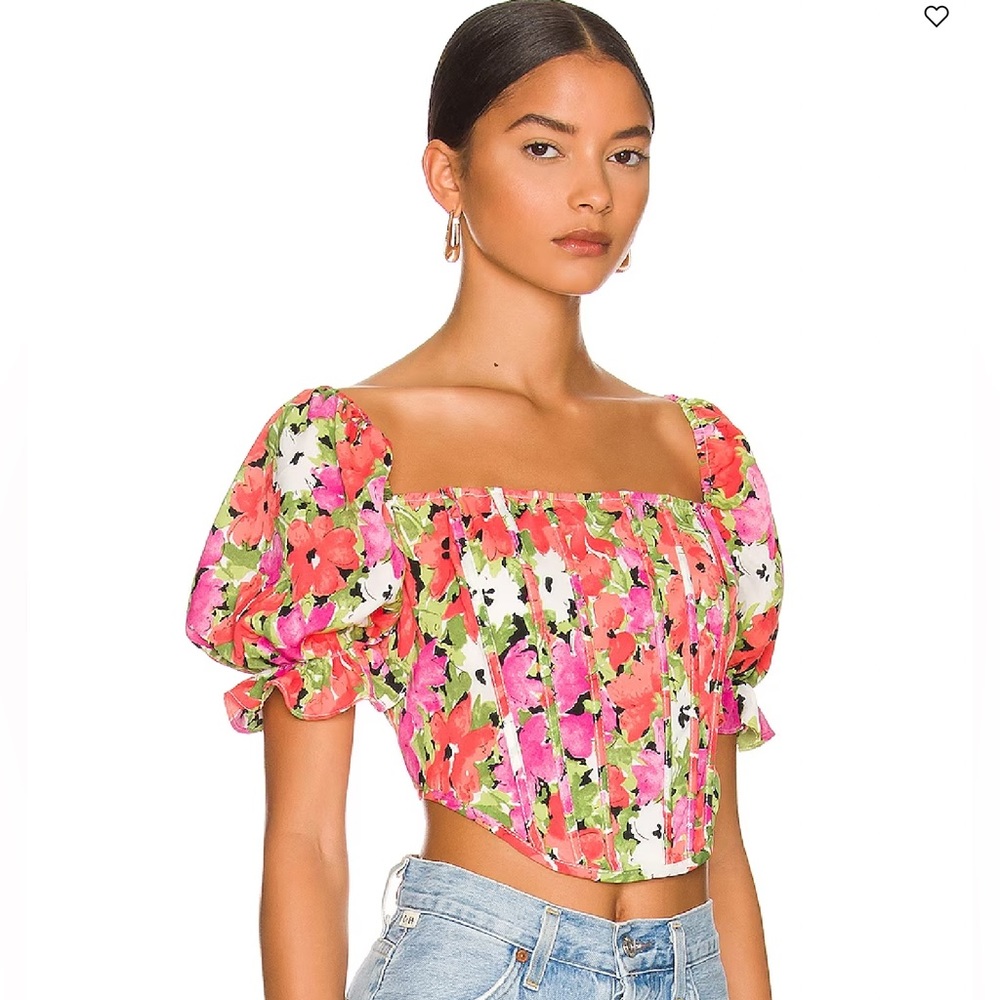 For Love And Lemons Floral Crop Top - Pink and Green